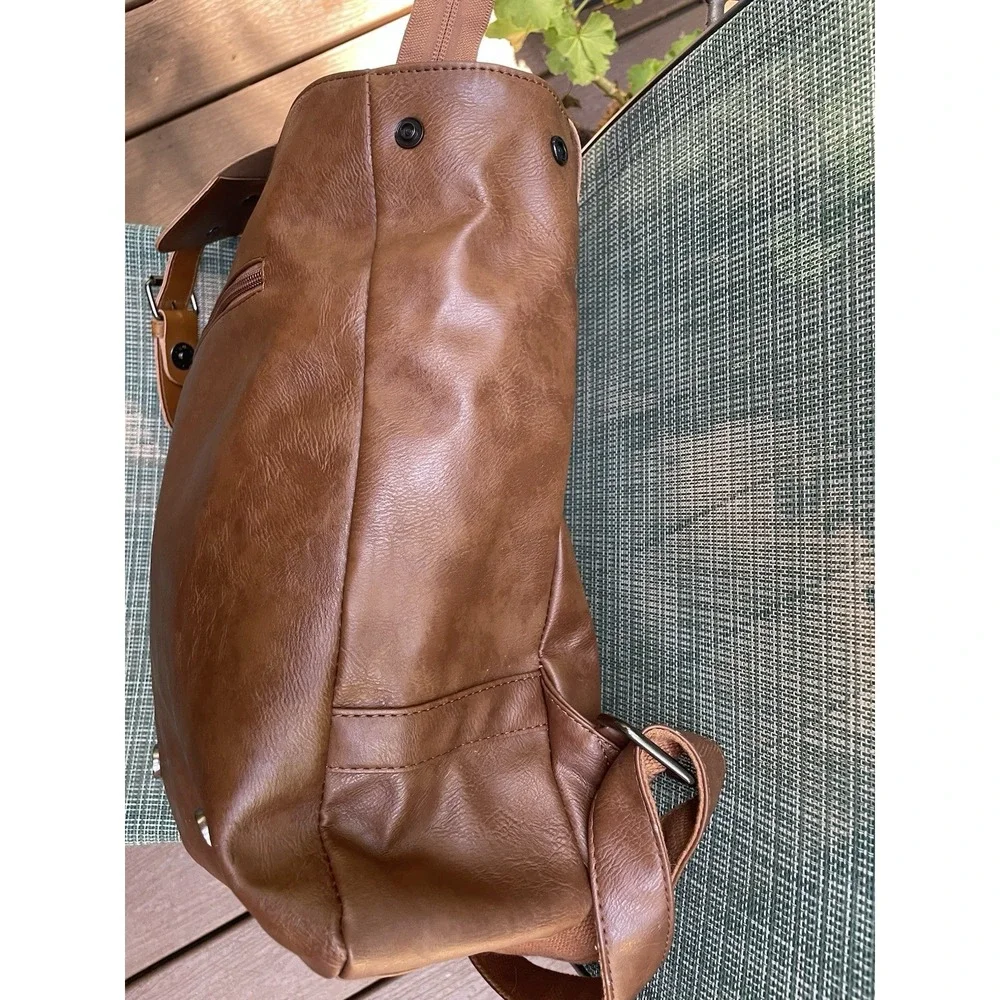 LXY Vegan Leather Backpack Brown Flap Buckle Laptop Pocket Travel Bag